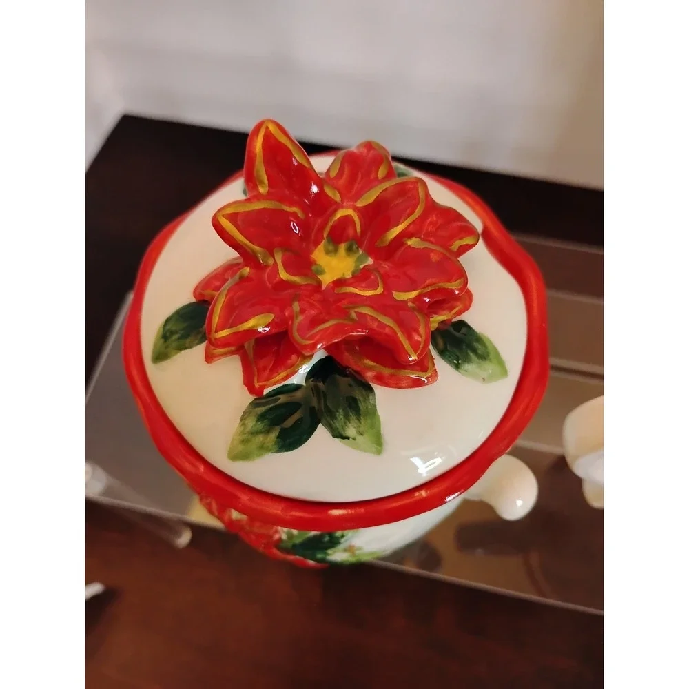 Holiday Ceramic Sugar and Creamer Set Poinsettia Christmas Floral Red White